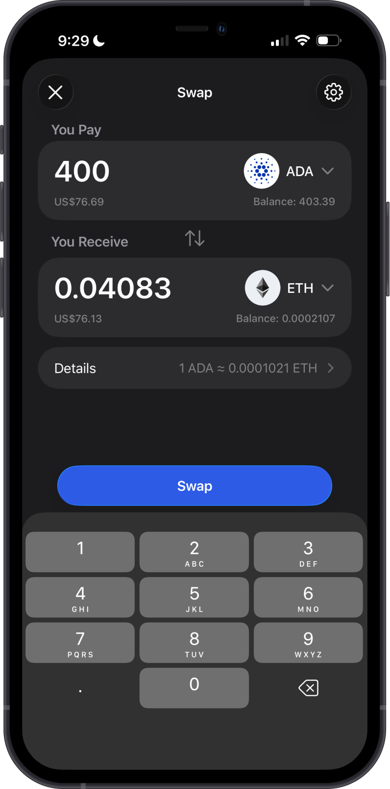 Enter Cardano to Ethereum Swap Amount