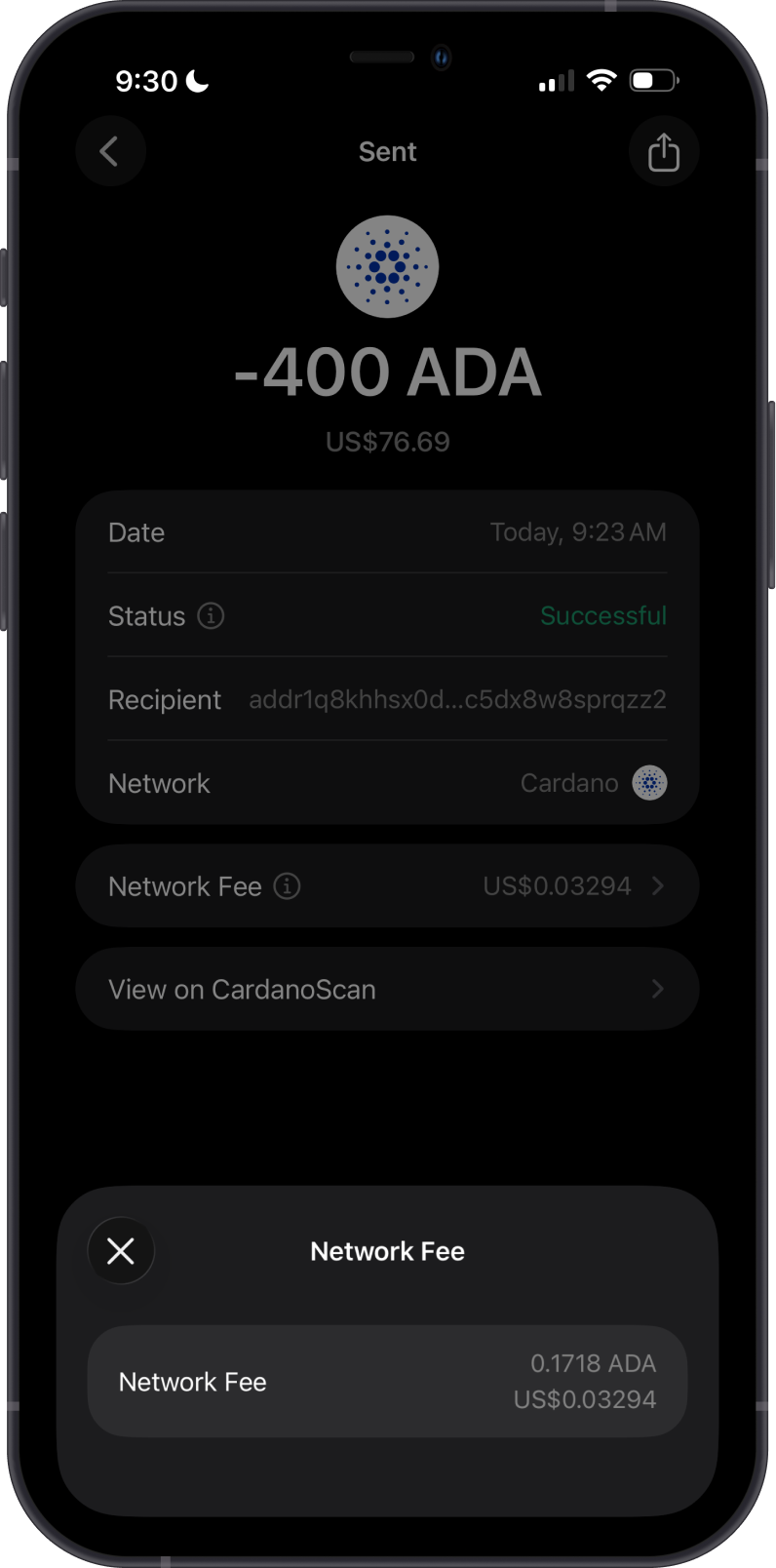 Review Cardano Network Fee Sent Transaction