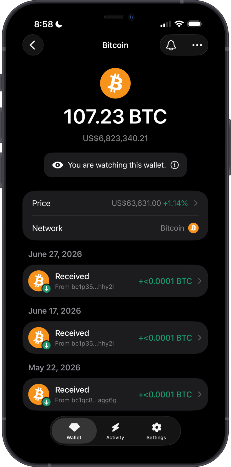 View a Bitcoin Watch Wallet's public transaction history