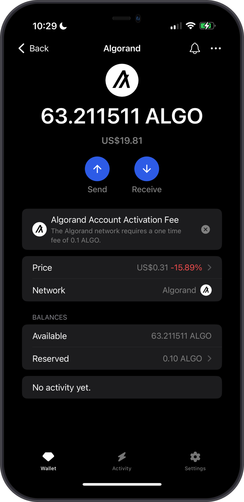 ALGO Wallet with the Reserve Fee