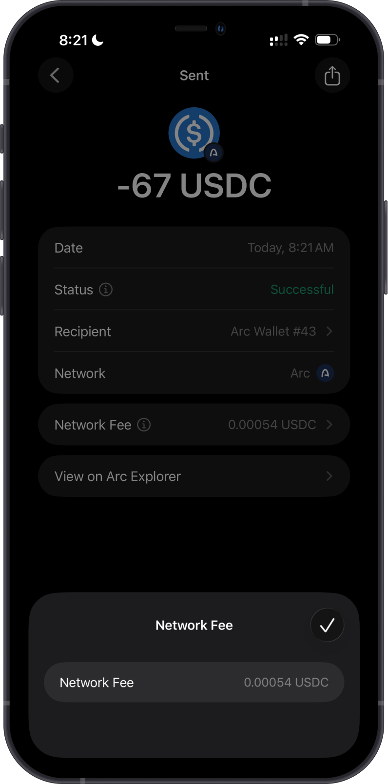 Arc USDC transaction network fee