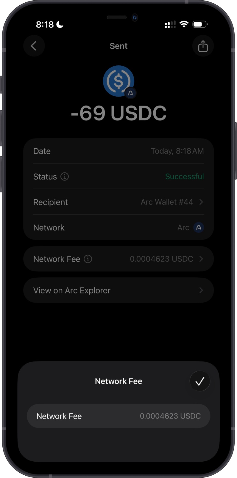 Arc USDC transaction fee details
