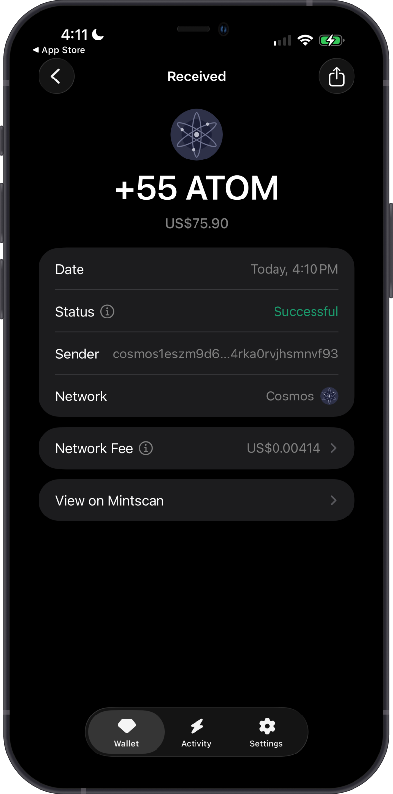 Received Cosmos Transaction