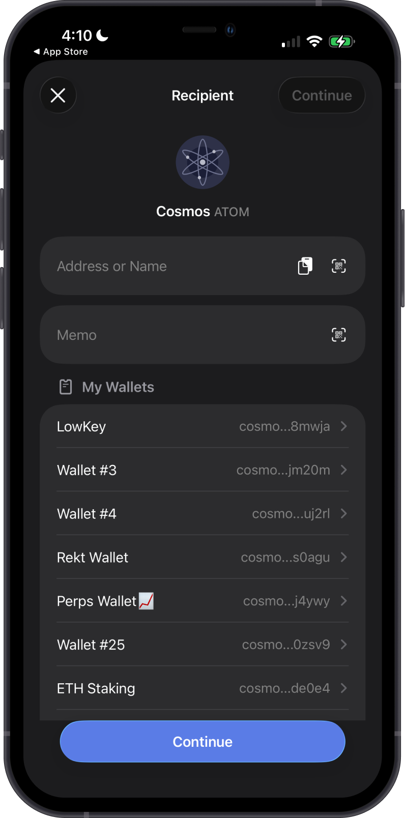 Enter a Cosmos Recipient and Memo