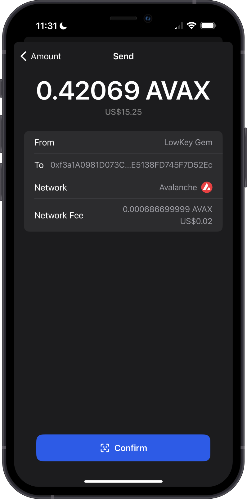 Send AVAX Fee on Gem Wallet