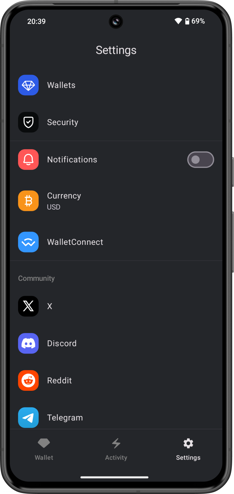 Gem Wallet Settings Screen