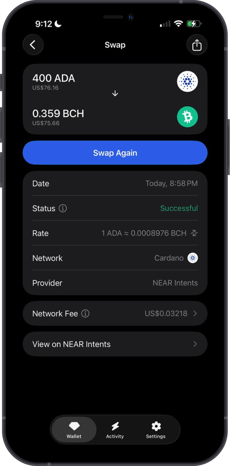 Completed Cardano to Bitcoin Cash Swap