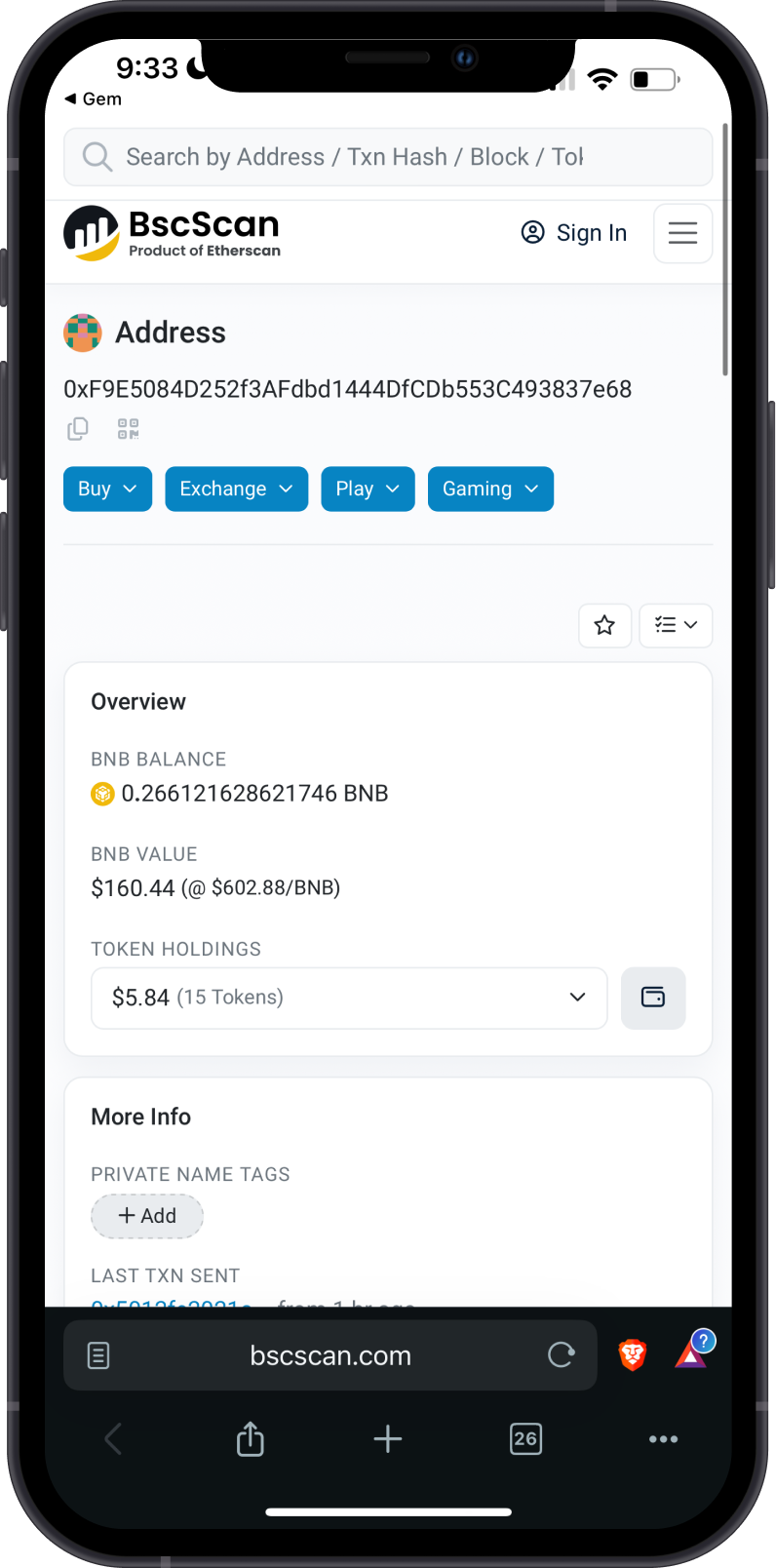 View BNB Balance on BscScan