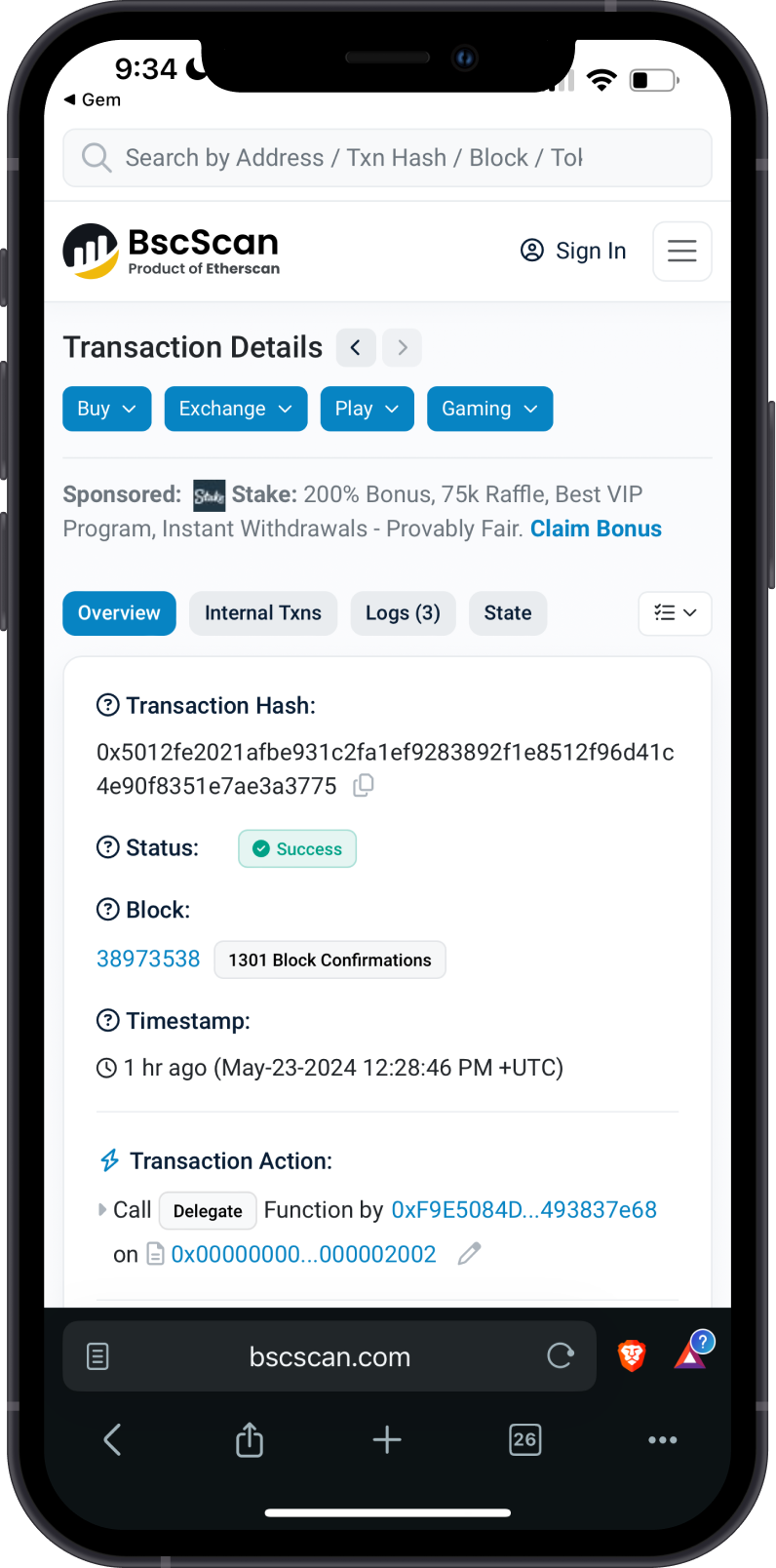 View BNB Transaction on BscScan