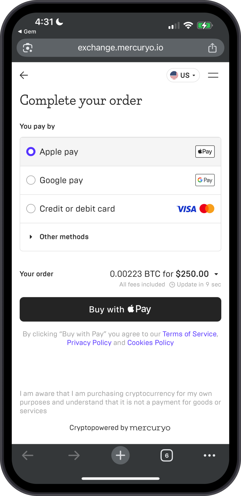 Buying Bitcoin via Mercuryo