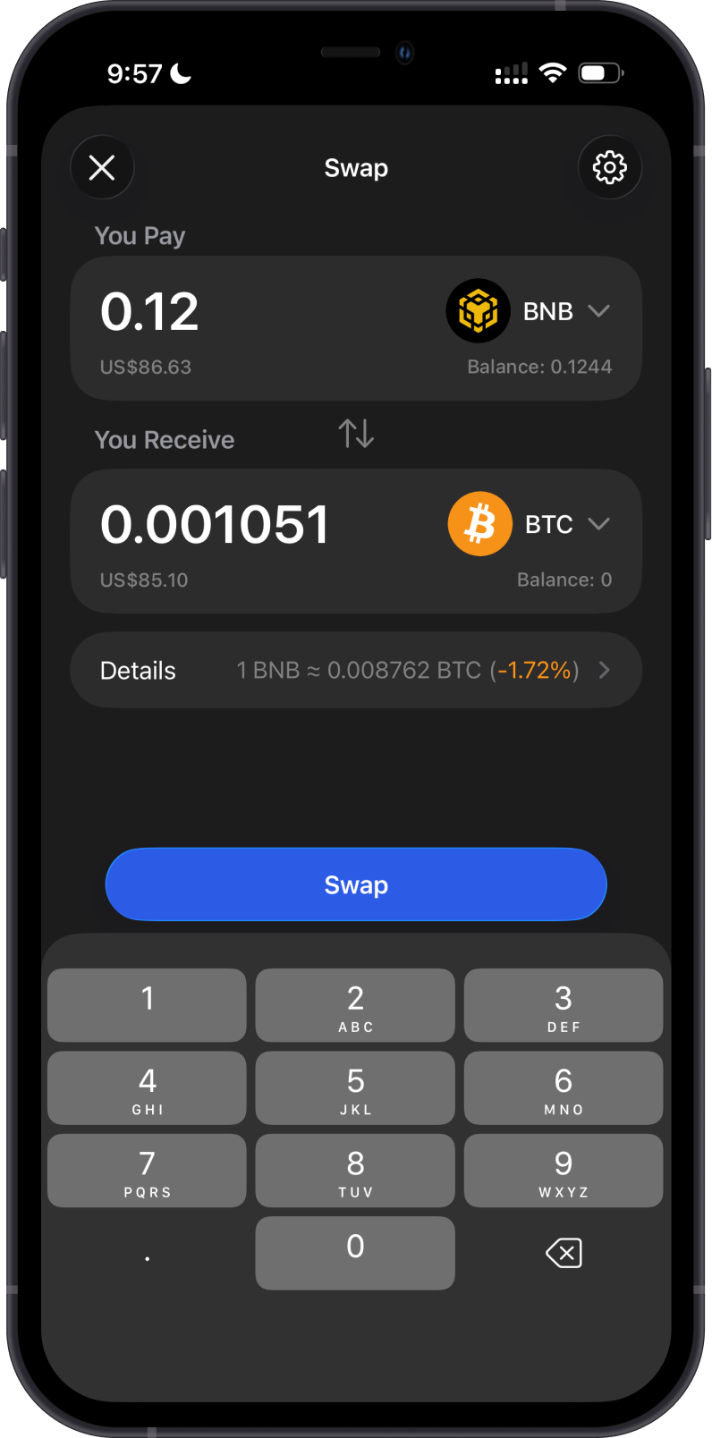 Cross-chain swap from BNB to BTC