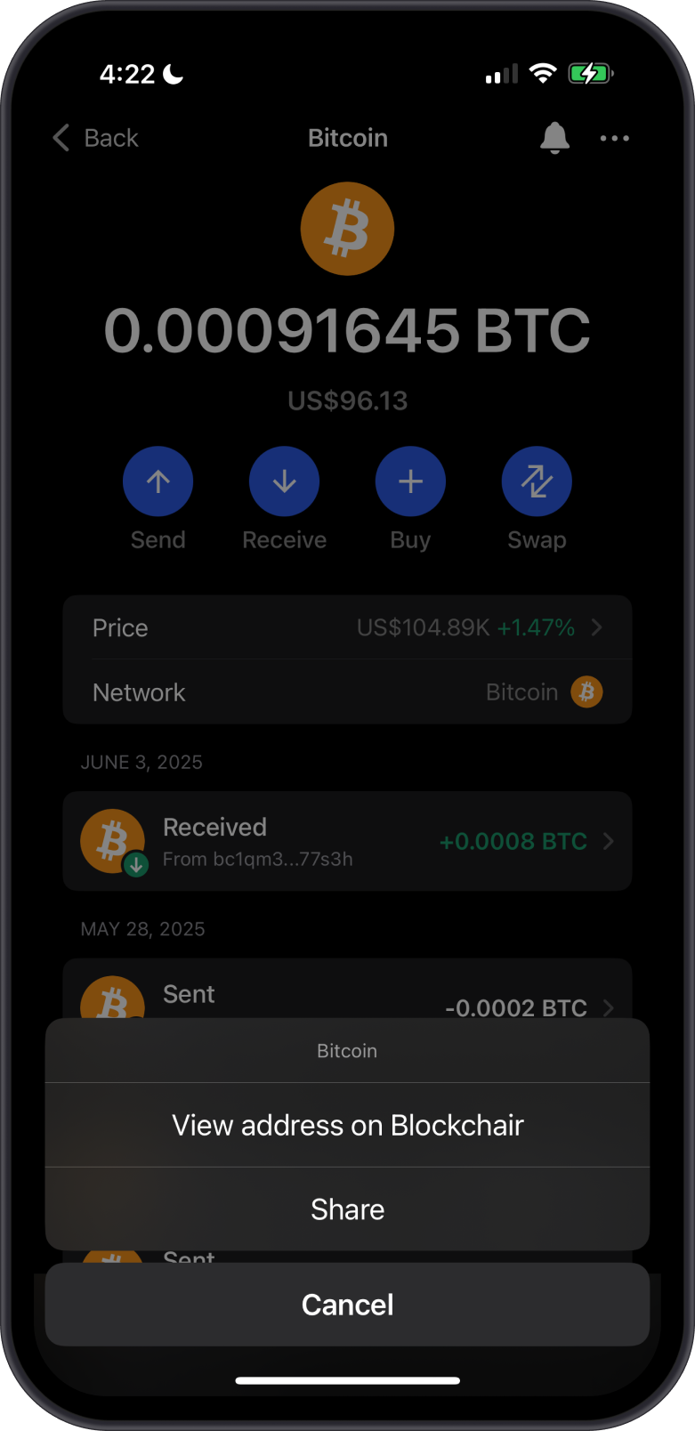 Bitcoin Balance on Gem Wallet
