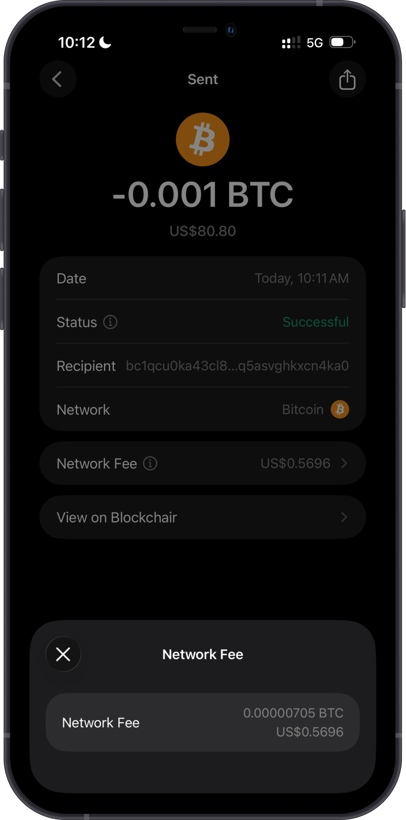 View the final Bitcoin network fee