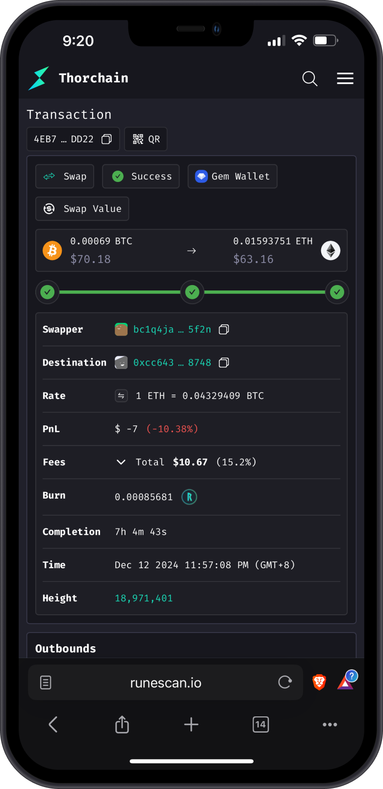 BTC to ETH Swap Completed