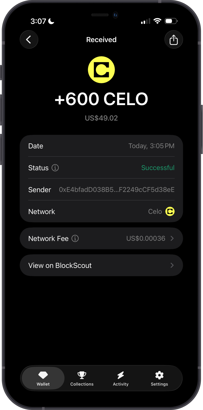 Receive CELO on Gem Wallet
