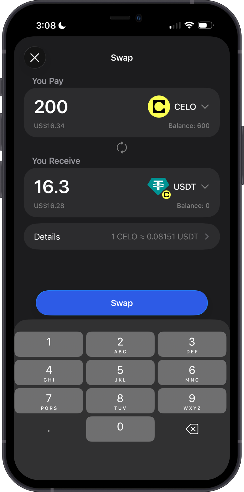 Native CELO-ERC20 Swap on Gem Wallet