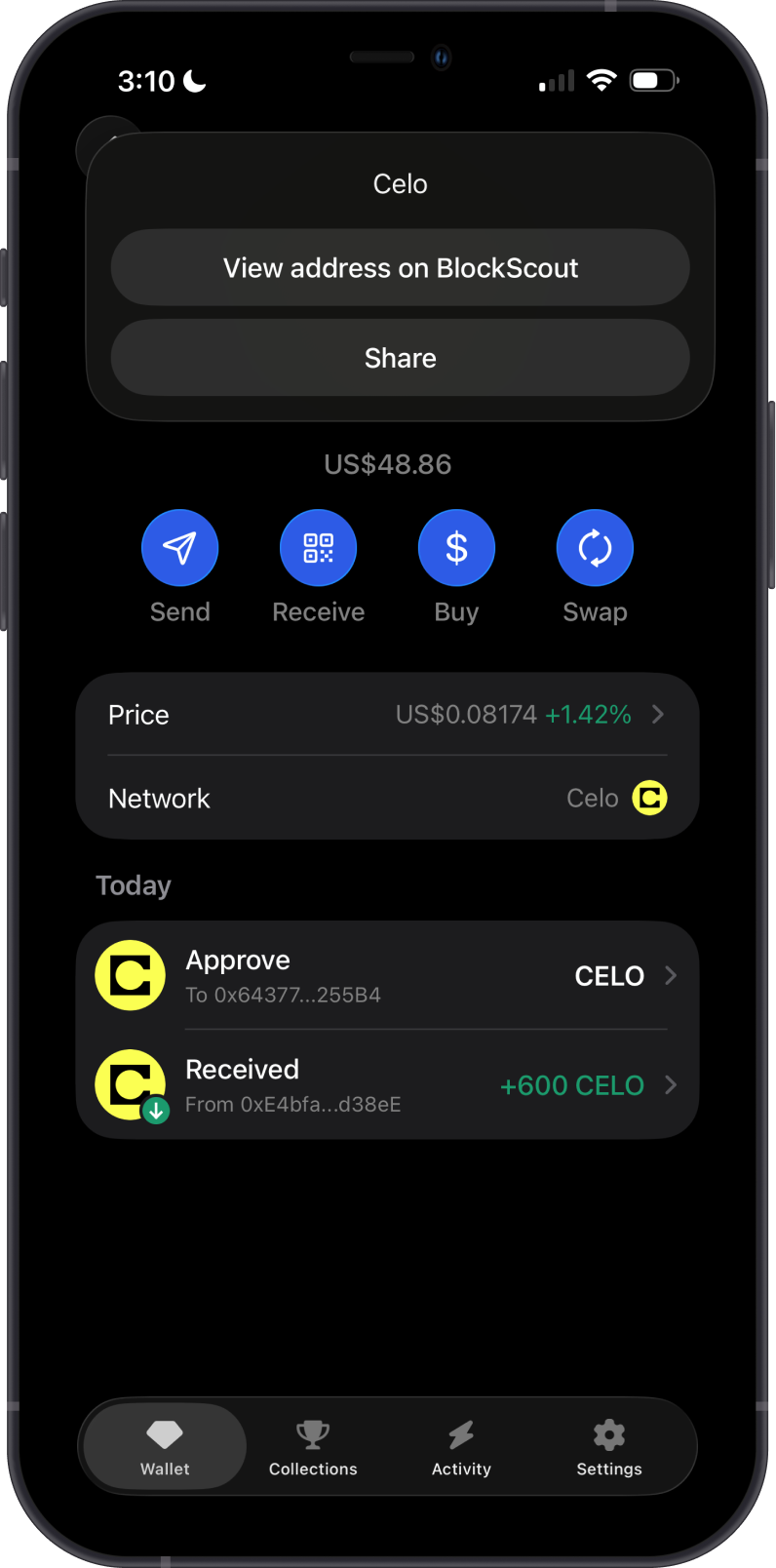 Open CELO Explorer on Gem Wallet