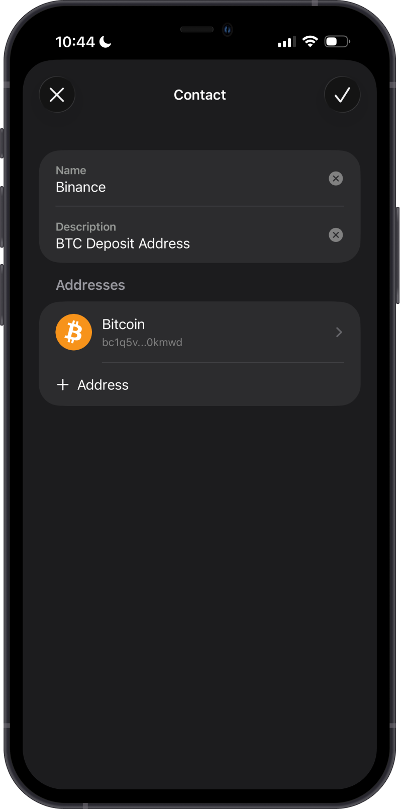 Adding a BTC address on Contacts