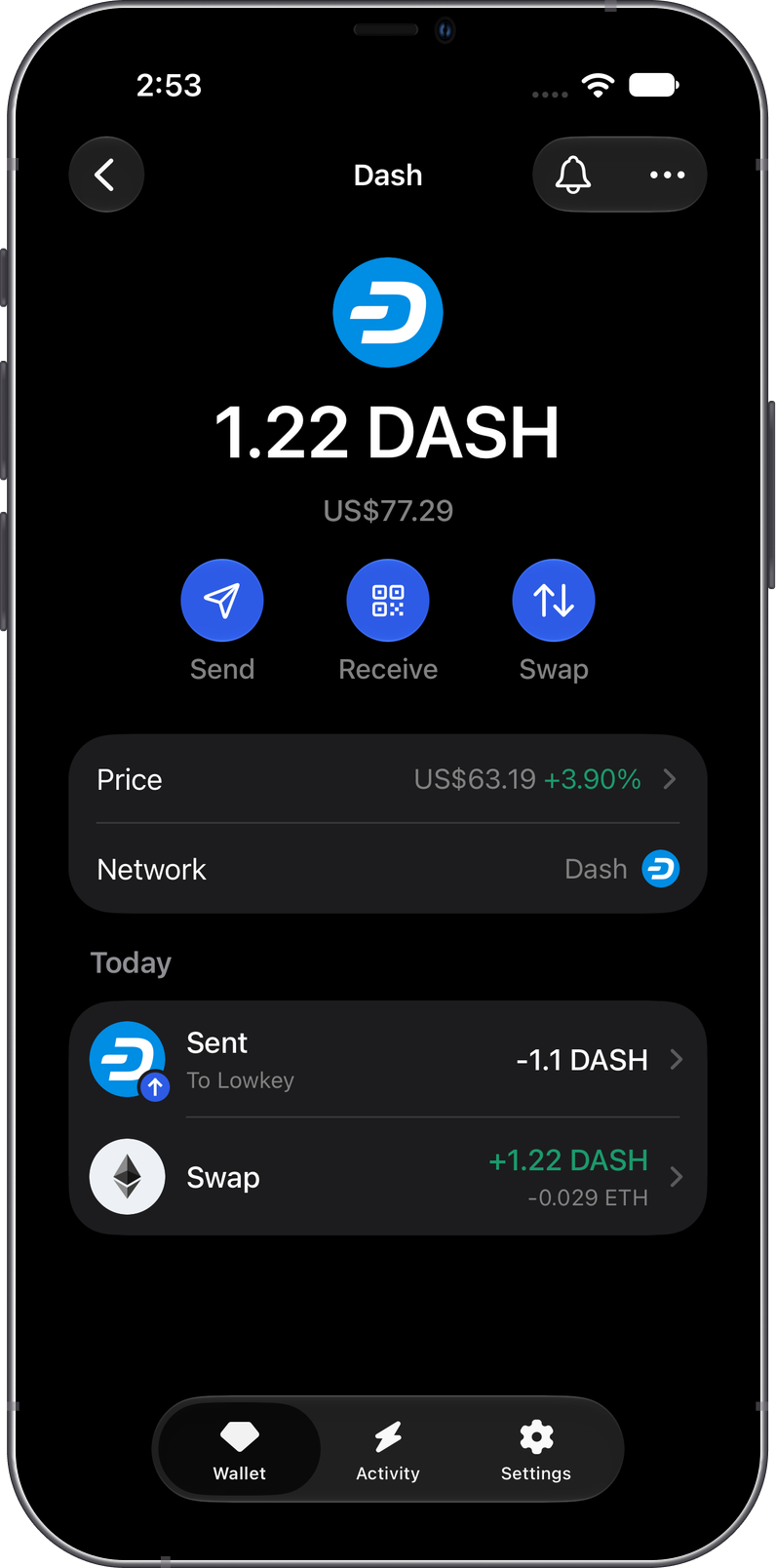 Dash wallet in Gem Wallet