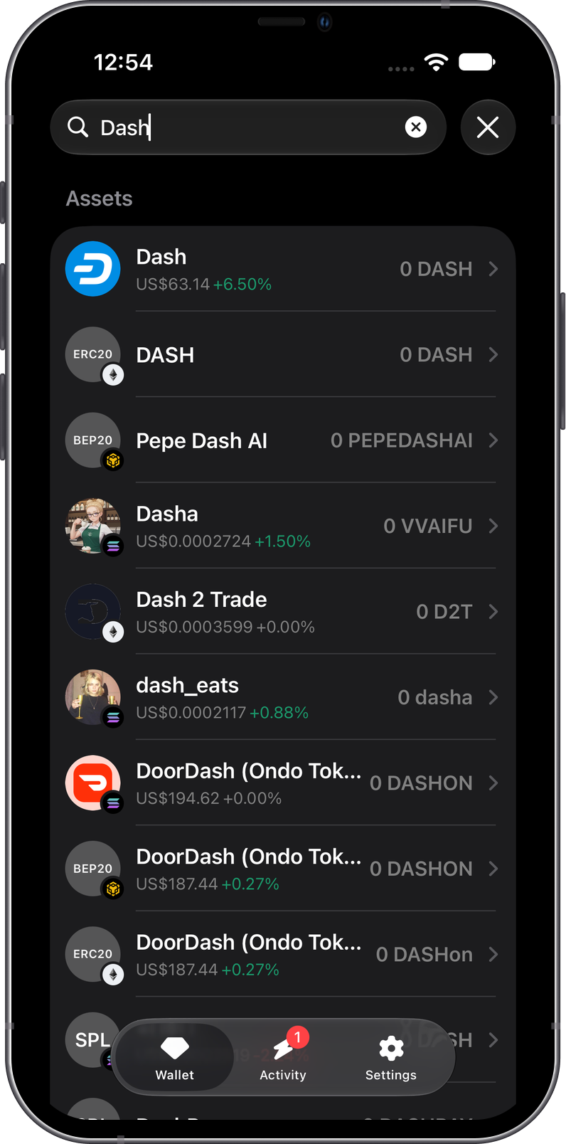 Search for Dash in Gem Wallet