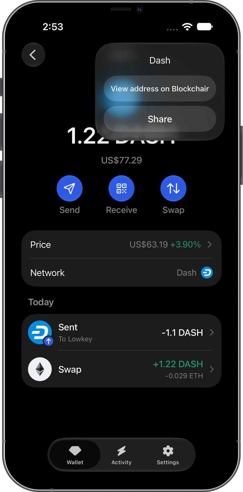 Open a Dash address on Blockchair