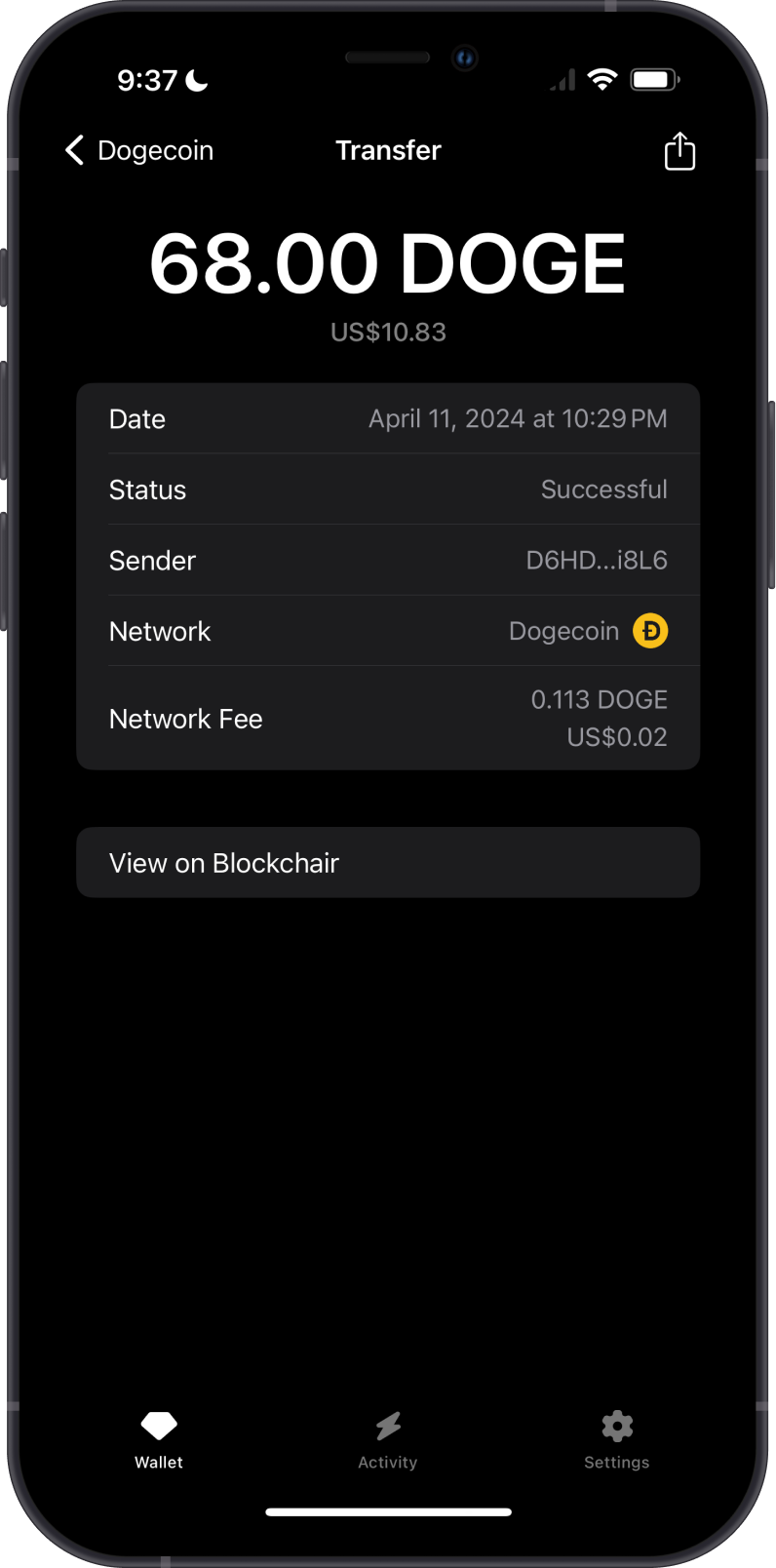 Dogecoin Transaction on Gem Wallet