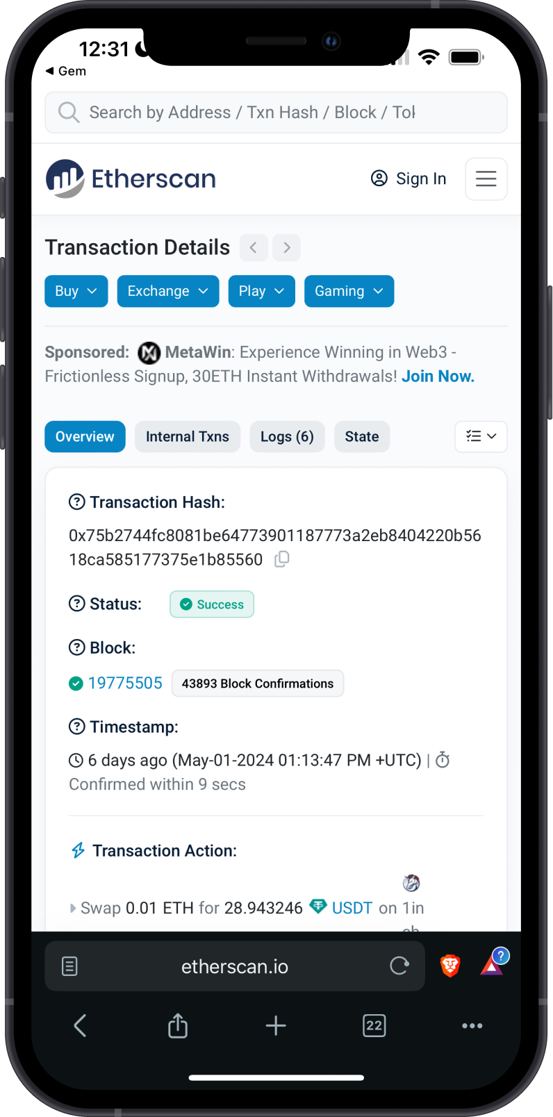 Checking Ethereum Transaction on Blockchair