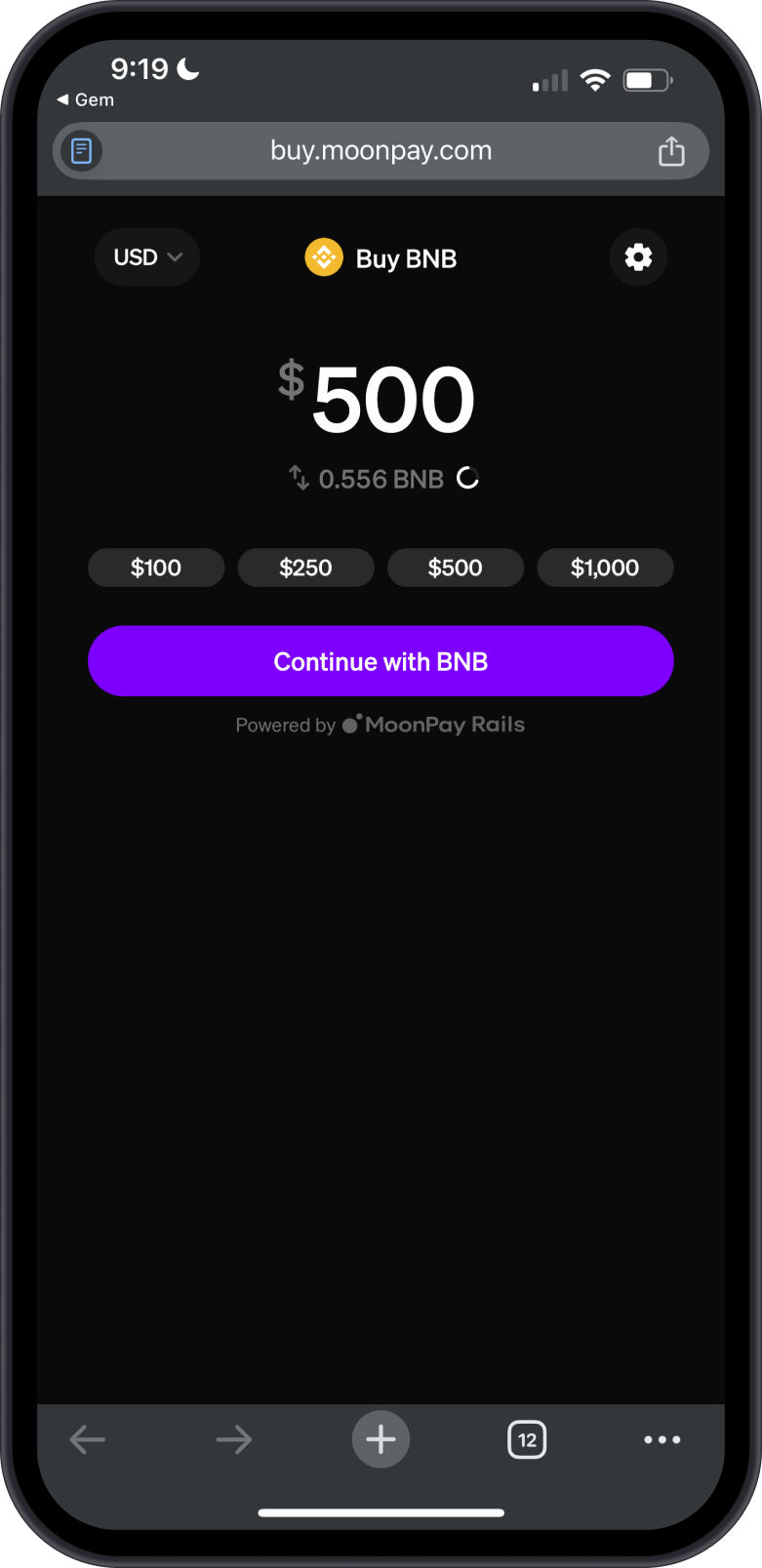 MoonPay Buy Screen