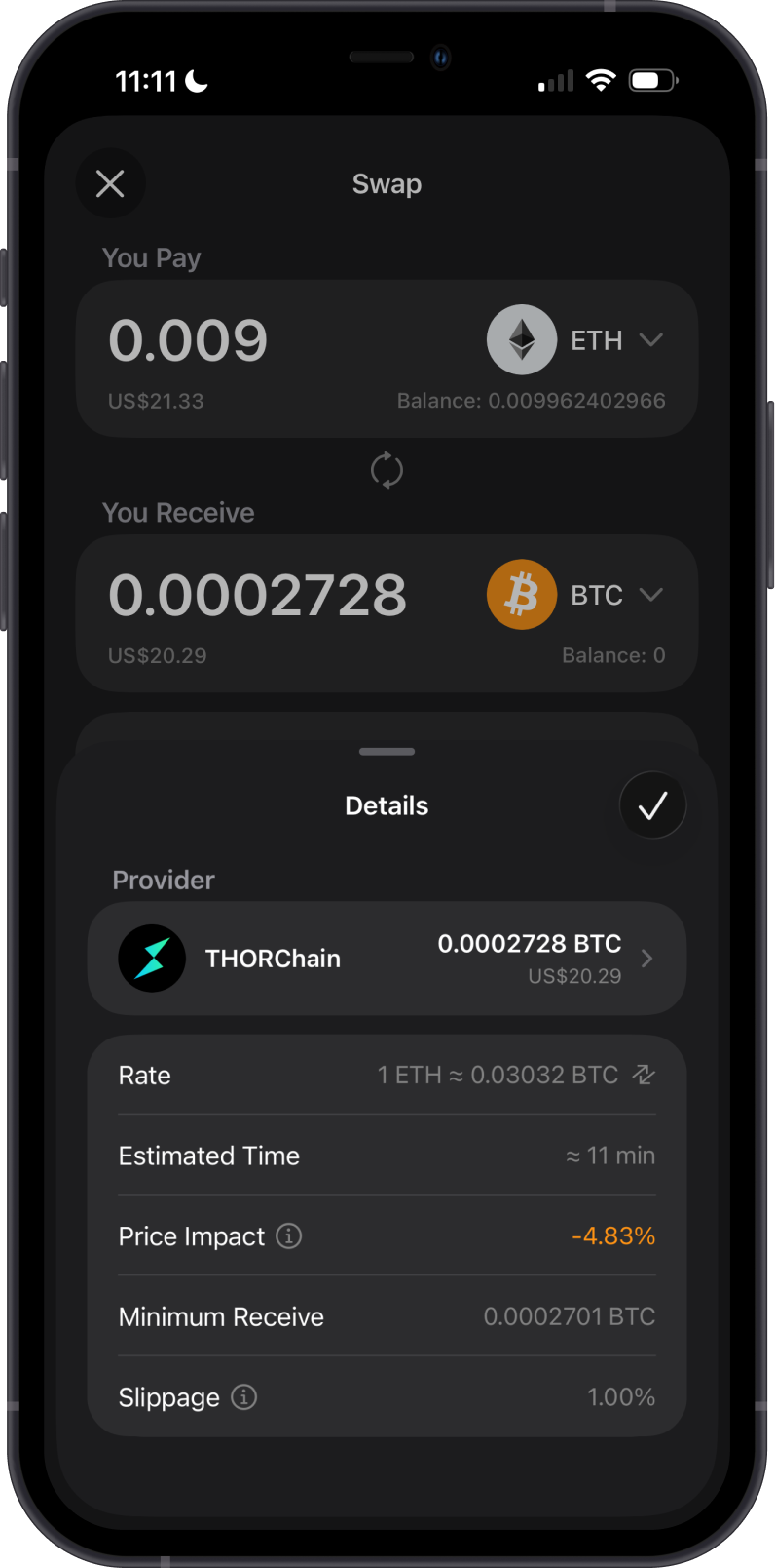 ETH to BTC Swap