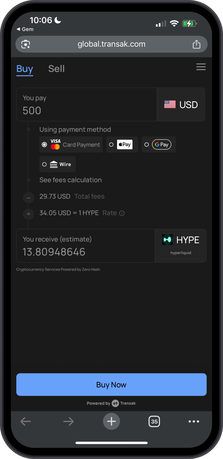 Buy Hyperliquid L1 (HYPE) with Transak