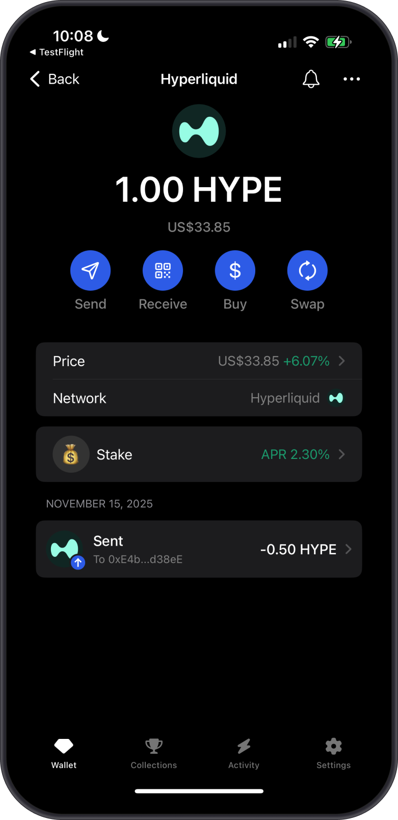 Hyperliquid L1 (HYPE) Received on Gem Wallet