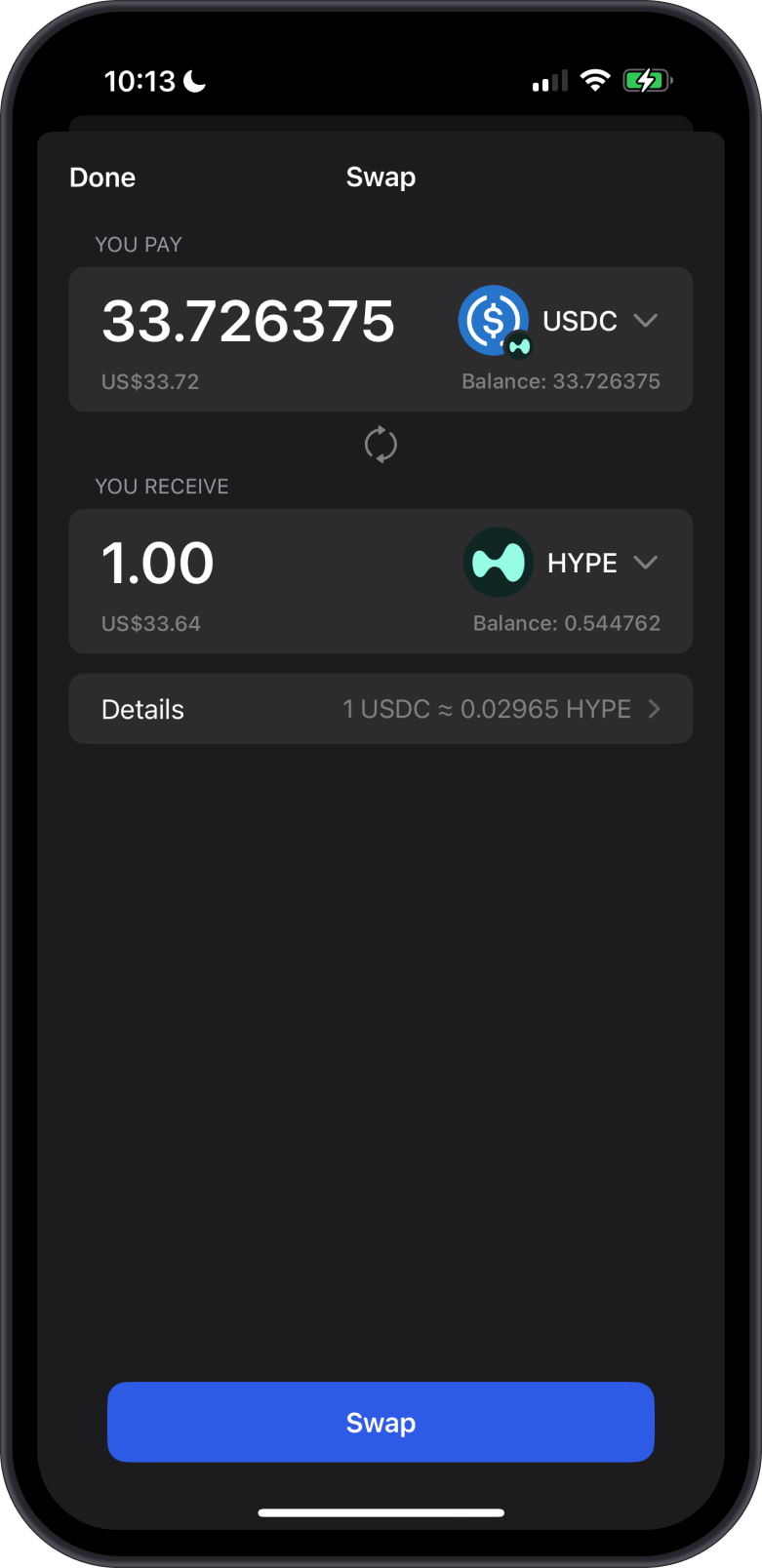Swap USDC to HYPE