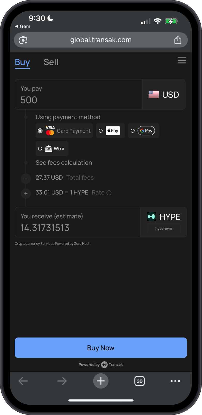 Buy HyperEVM (HYPE) with Transak