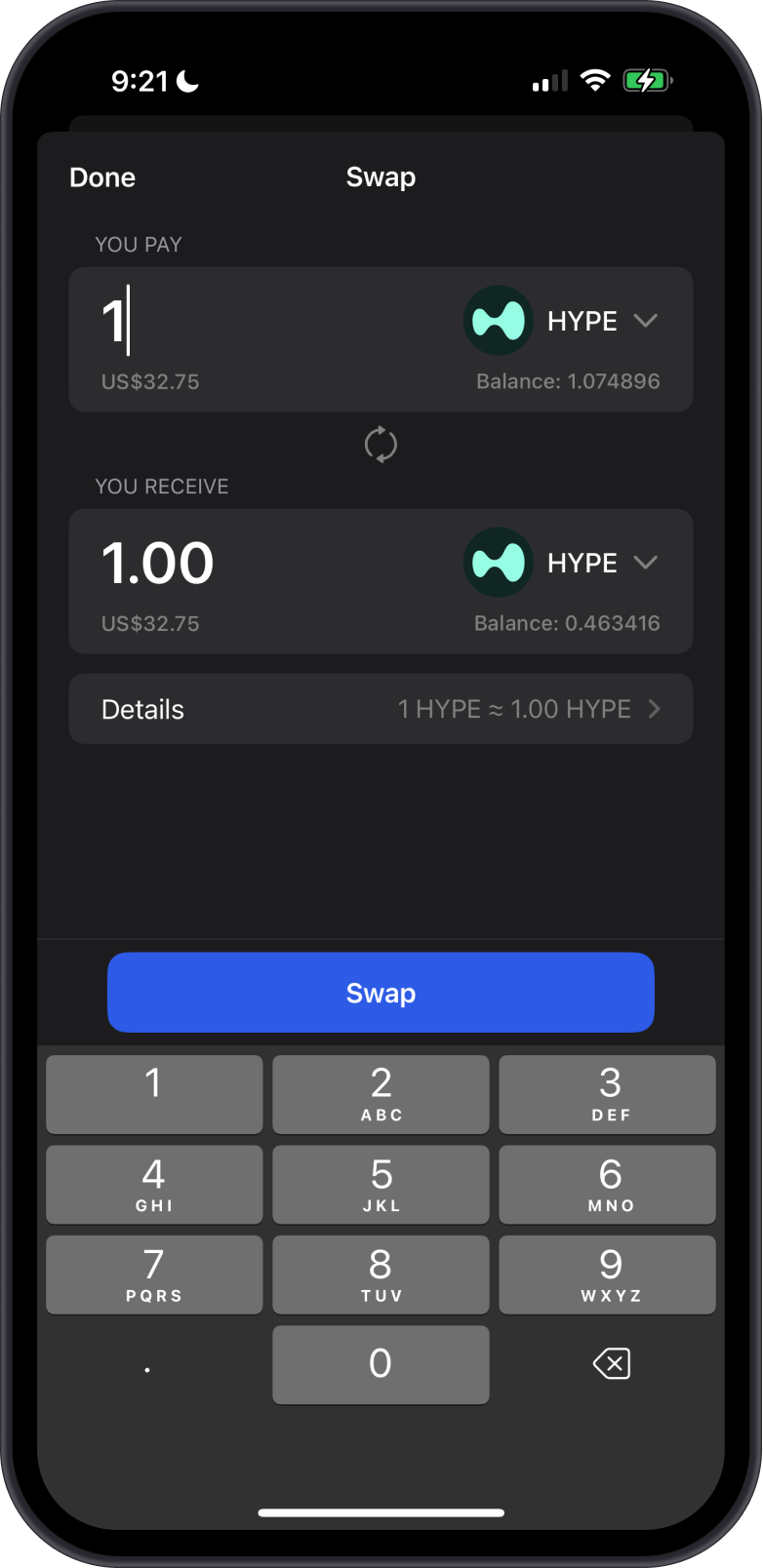 Swap Hyperliquid L1 (HYPE) to HyperEVM (HYPE) with Gem Wallet