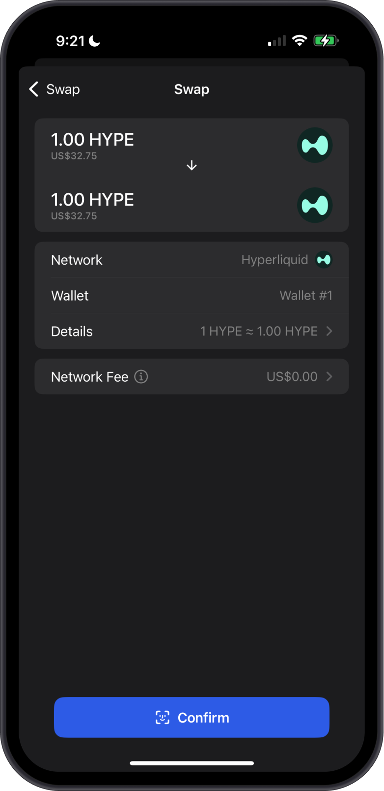 Swapping HyperEVM to Hyperliquid L1 (HYPE) on Gem Wallet