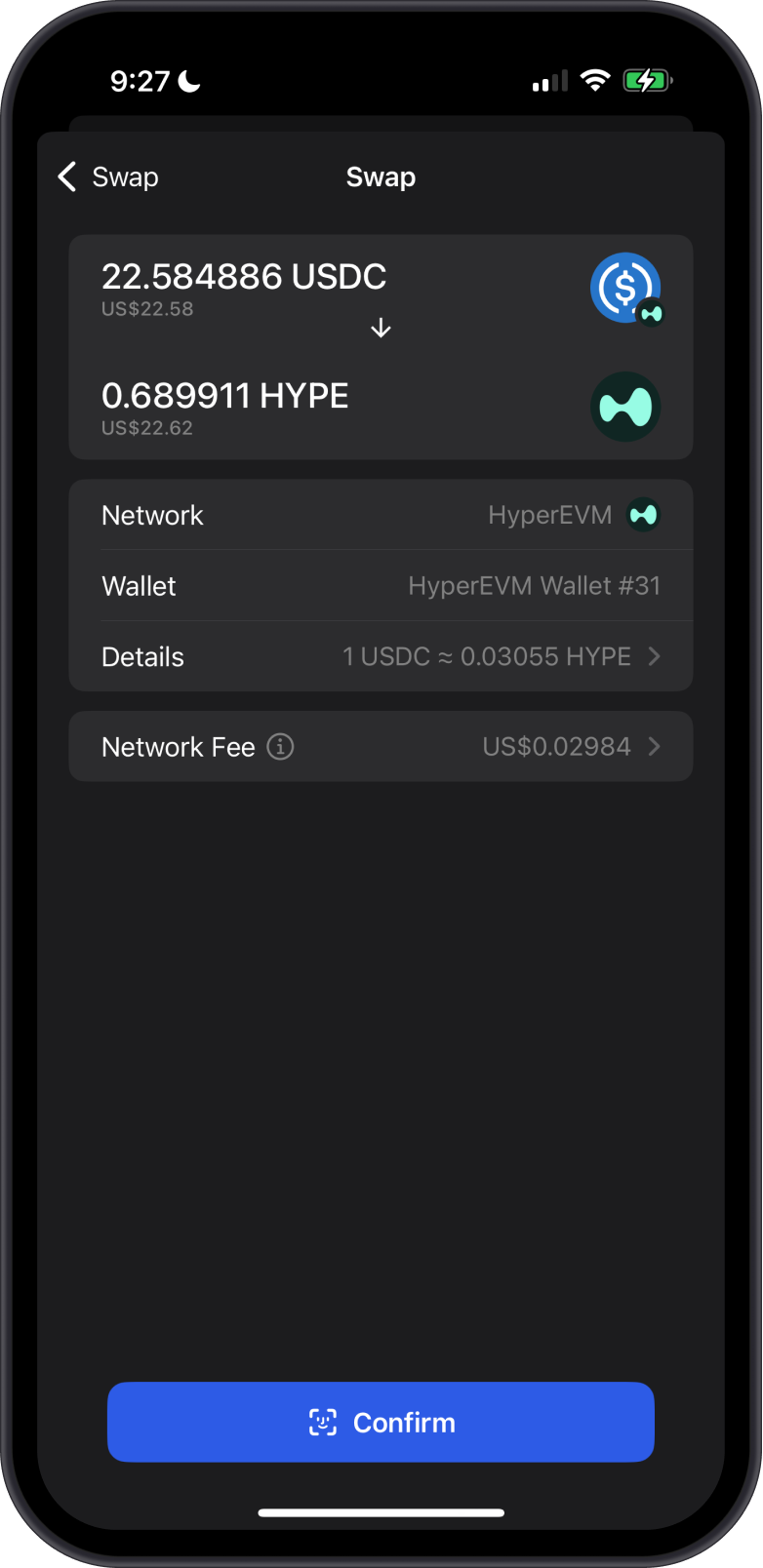 Swap USDC to HYPE Confirm