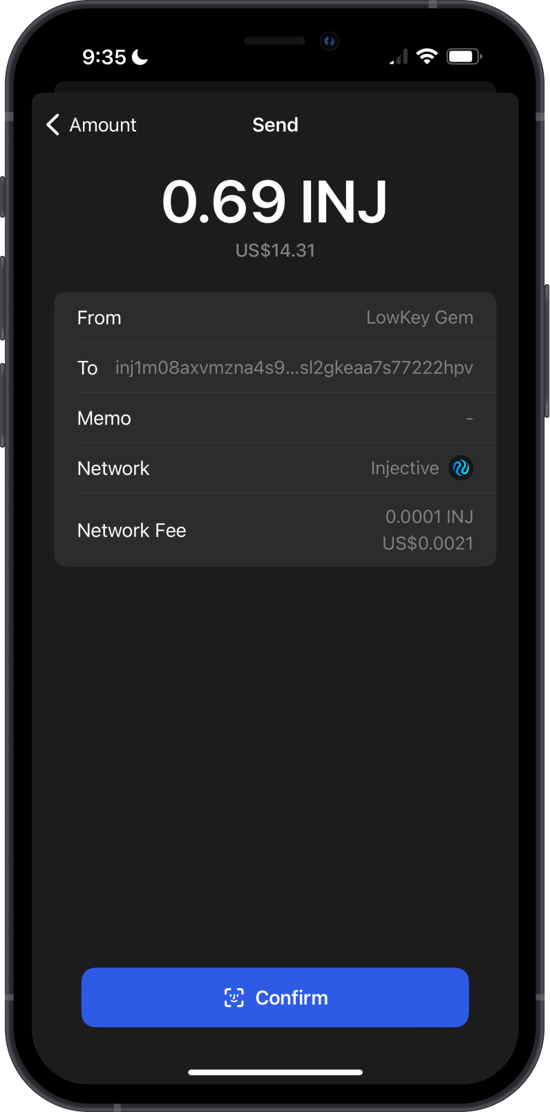 Send INJ fee on Gem Wallet