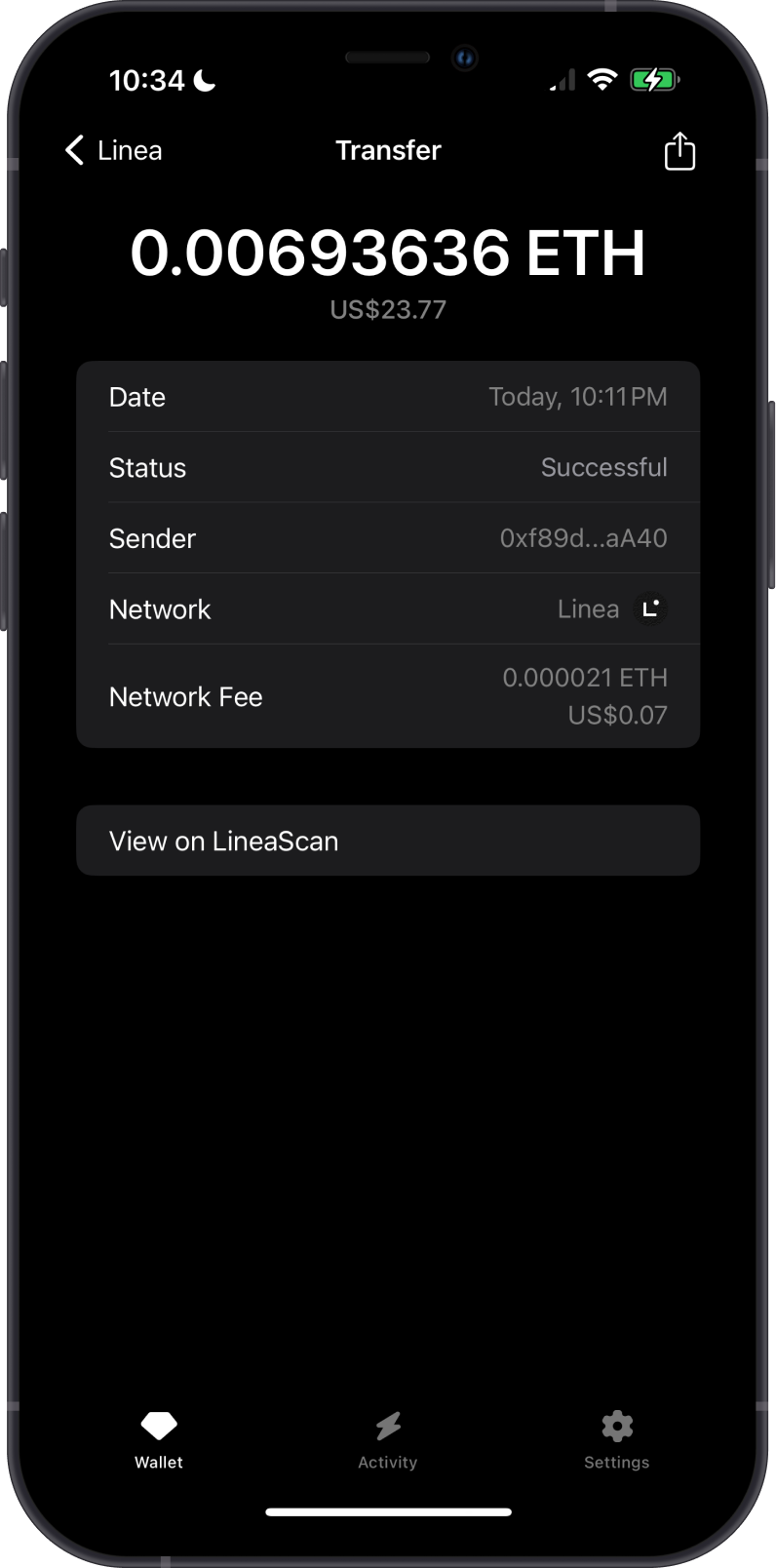 Transfer Linea ETH on Gem Wallet