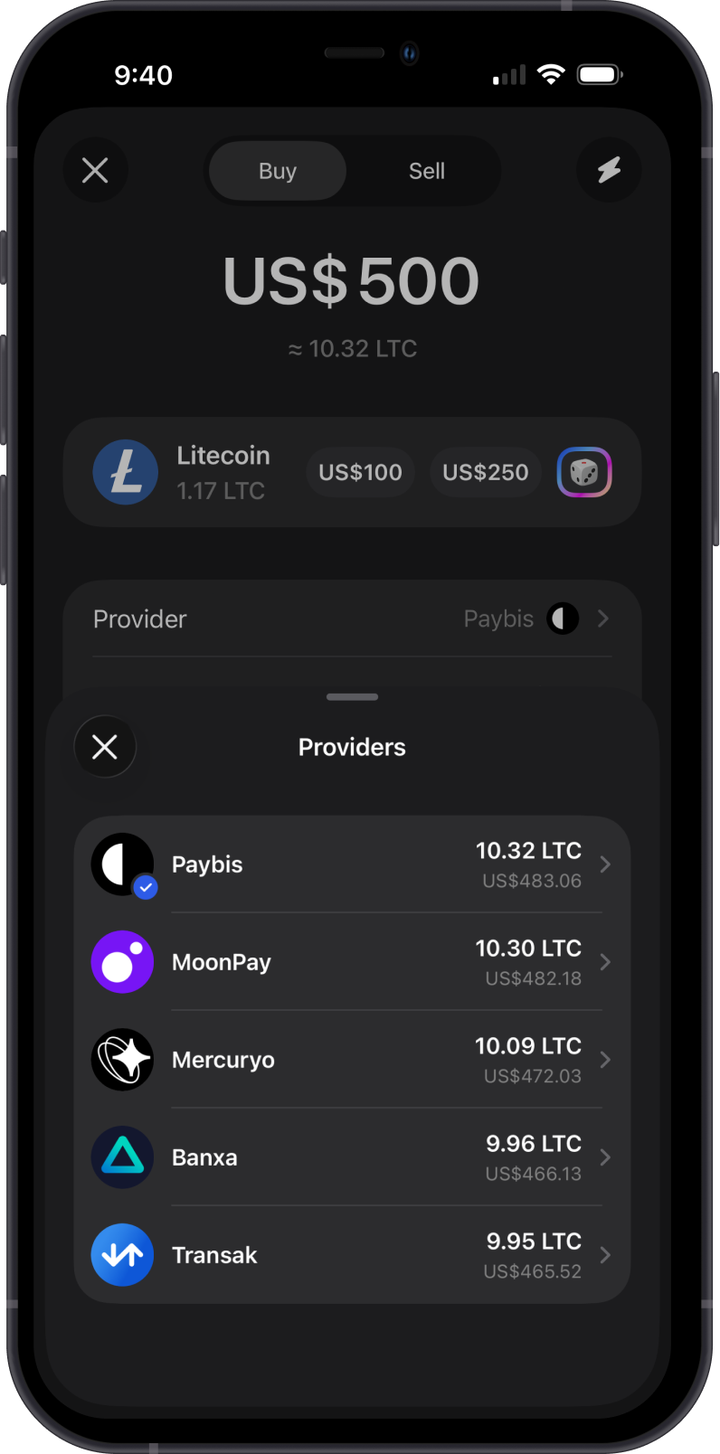 Buy LTC on Gem Wallet