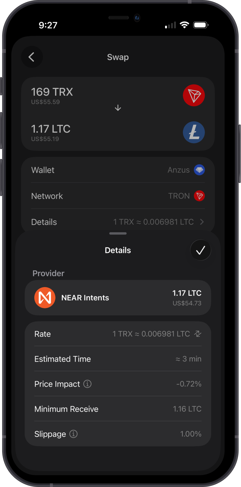 LTC Cross-Chain Swap Details on Gem Wallet