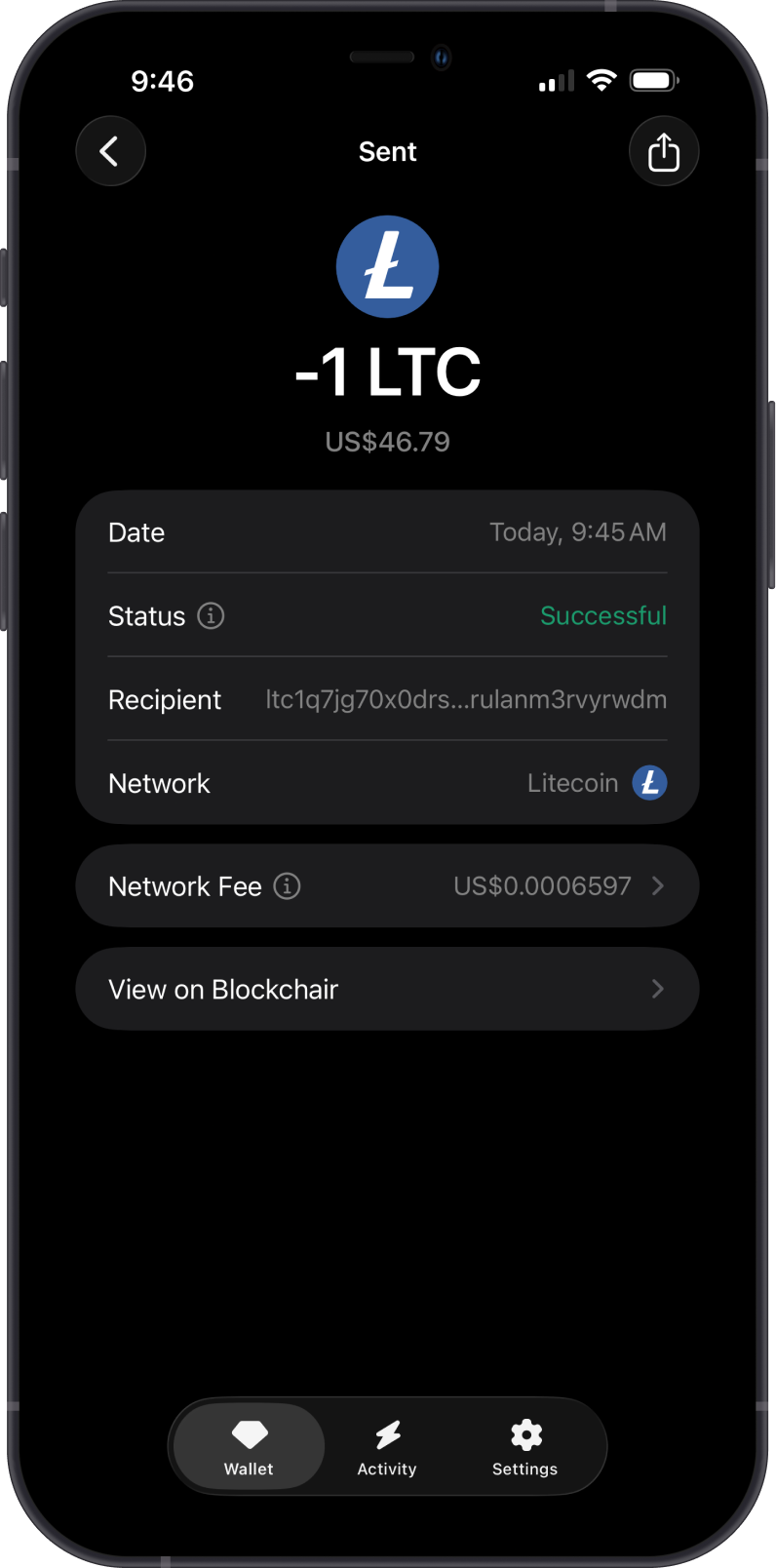 Sent LTC Transaction on Gem Wallet