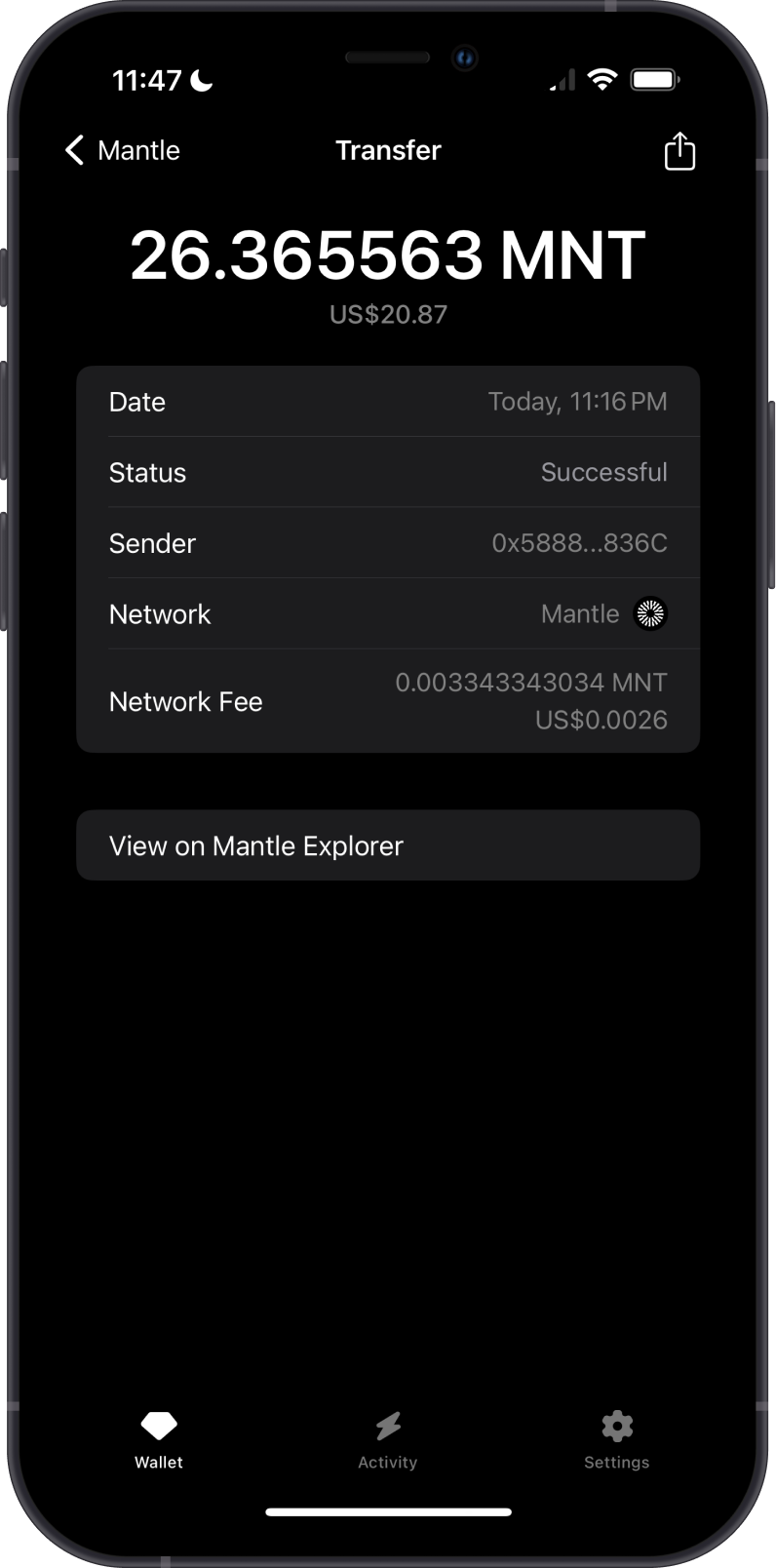 Mantle Transfer on Gem Wallet