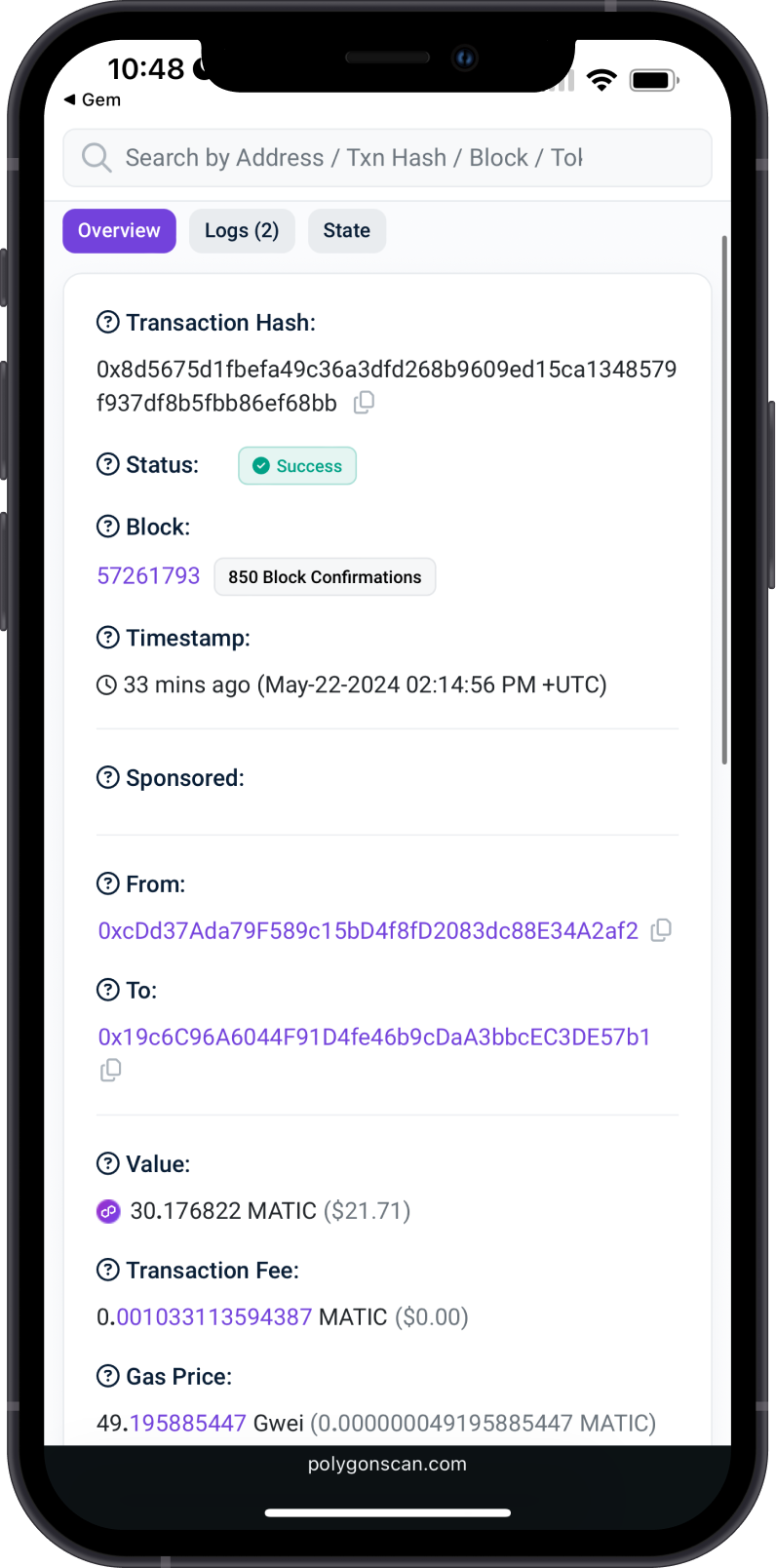 View Transaction on PolygonScan