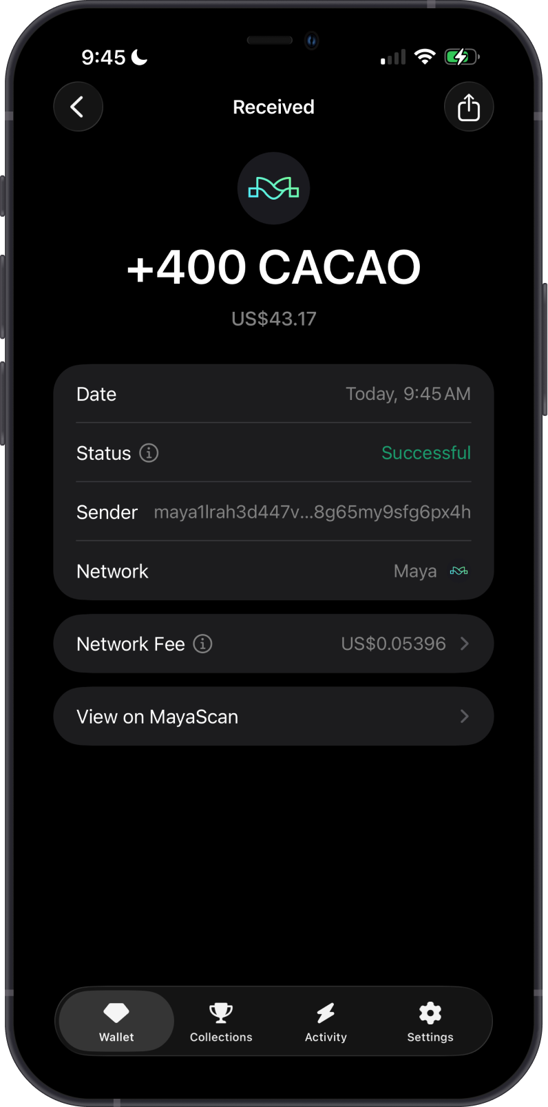 Received CACAO Transaction on Gem Wallet