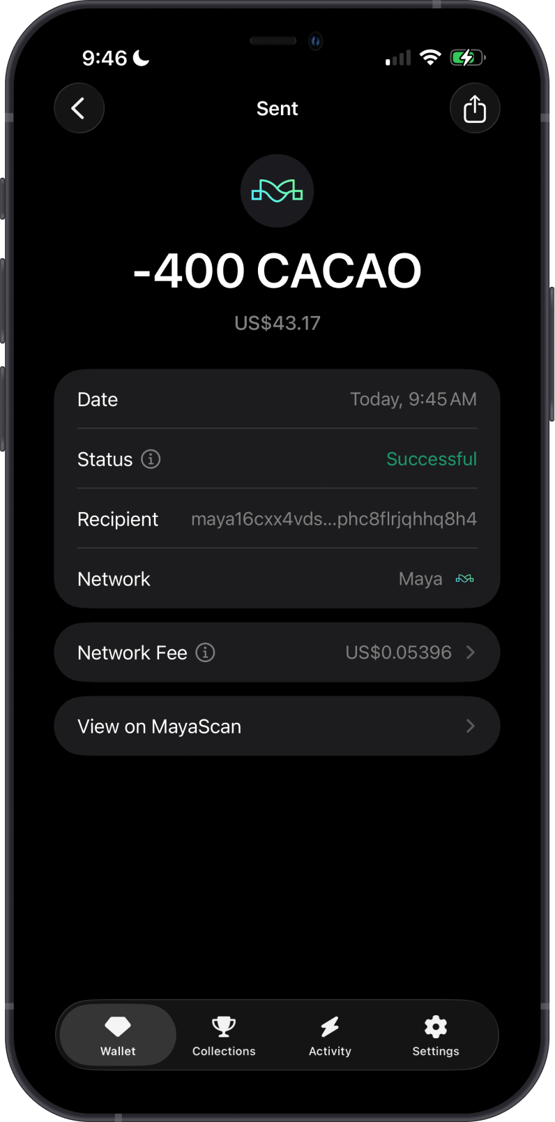 Sent CACAO Transaction on Gem Wallet