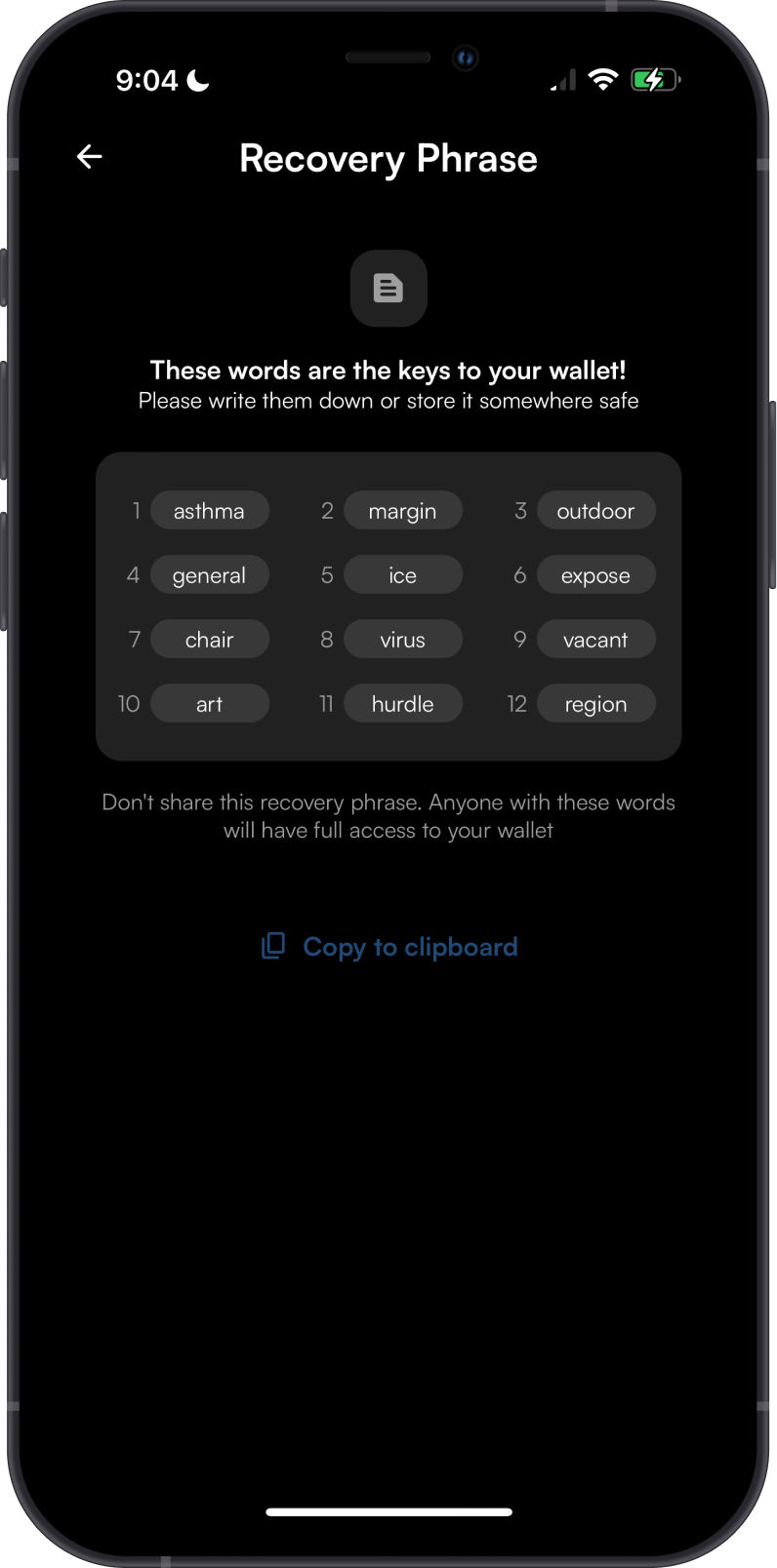 Secret Recovery Phrase on Compass Wallet