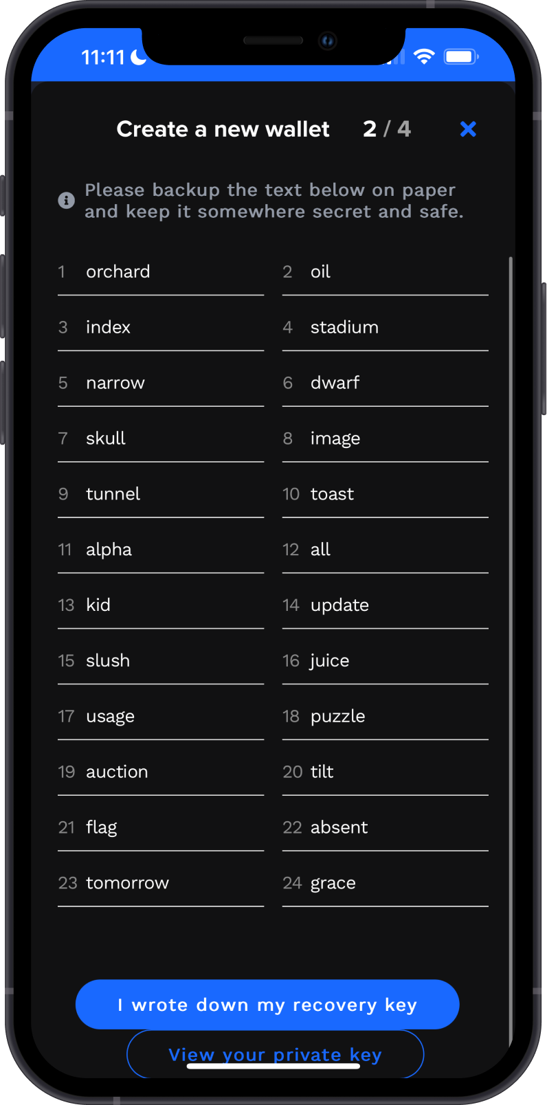 Secret Phrase on fWallet