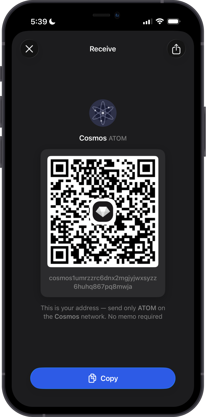 Copy ATOM address on Gem Wallet