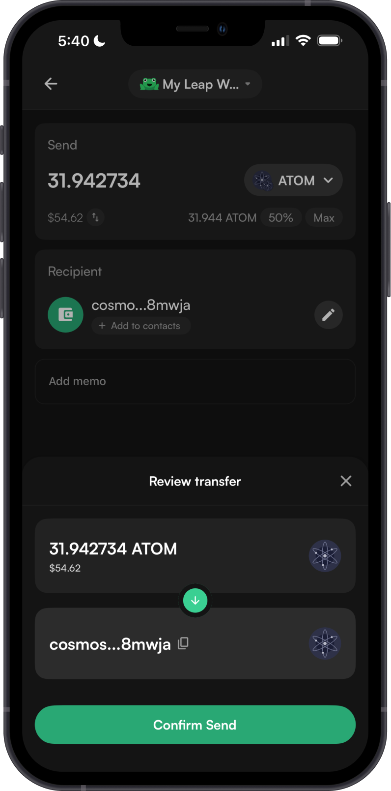 Send ATOM from Leap Wallet