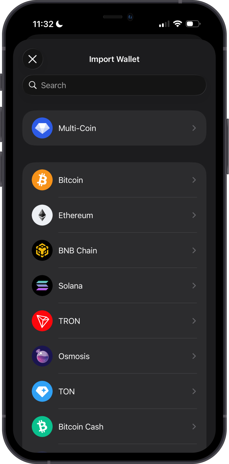 Choose a blockchain while importing a wallet in Gem Wallet